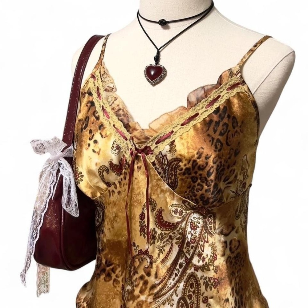 Vintage Y2K Brown Animal Leopard / Paisley Satin Cami Tank Top Sz Small Boho - Picture 2 of 8